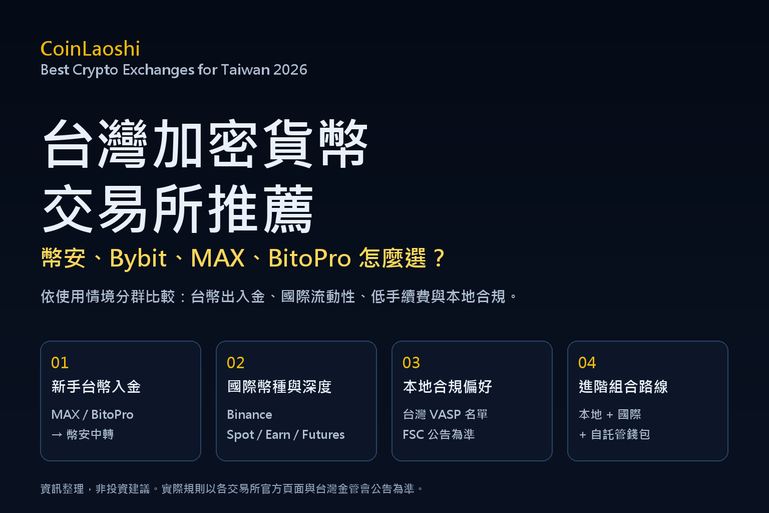 【2026最新】台灣加密貨幣交易所推薦｜幣安、Bybit、MAX、BitoPro 怎麼選？