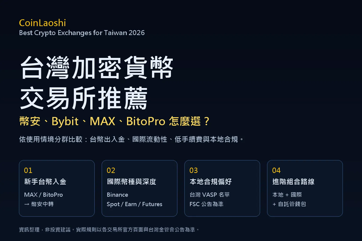 2026 台灣加密貨幣交易所推薦：幣安、Bybit、MAX、BitoPro 依使用情境分群比較