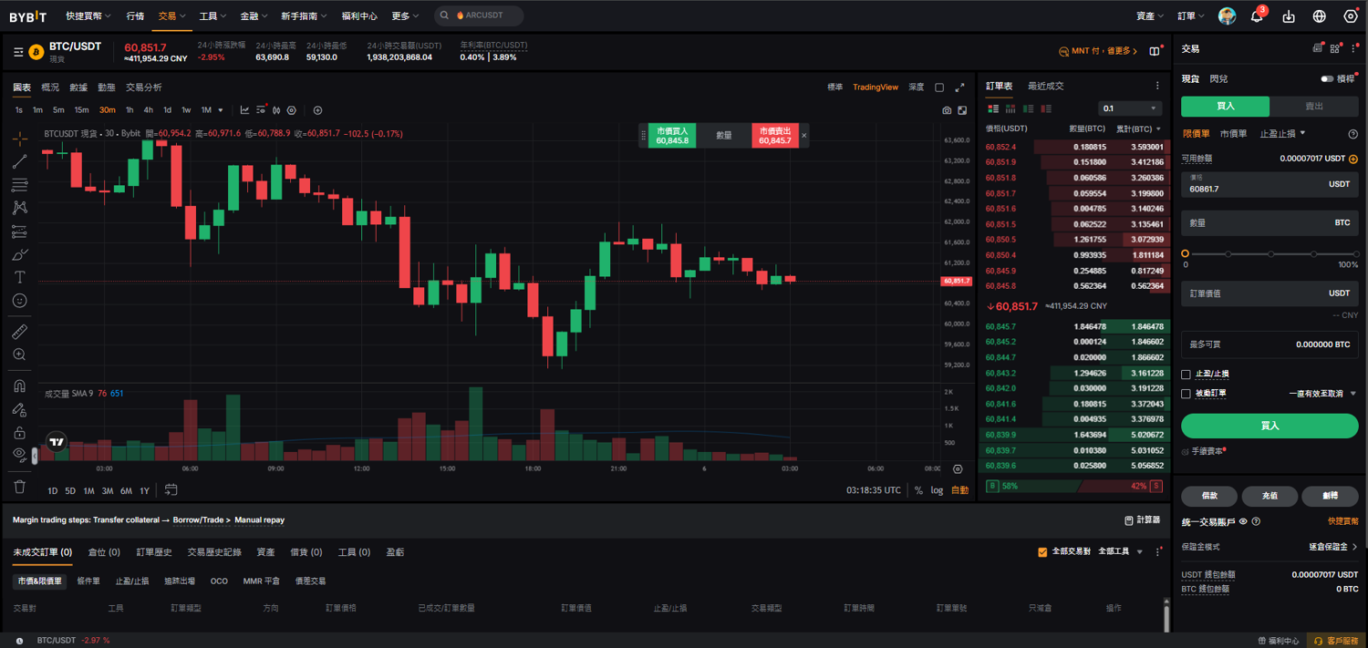 Bybit 現貨交易介面：K 線圖、買賣盤、下單面板