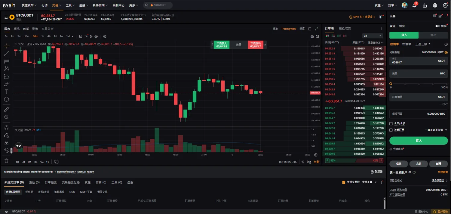 Bybit 現貨交易介面：K 線圖、買賣盤、下單面板